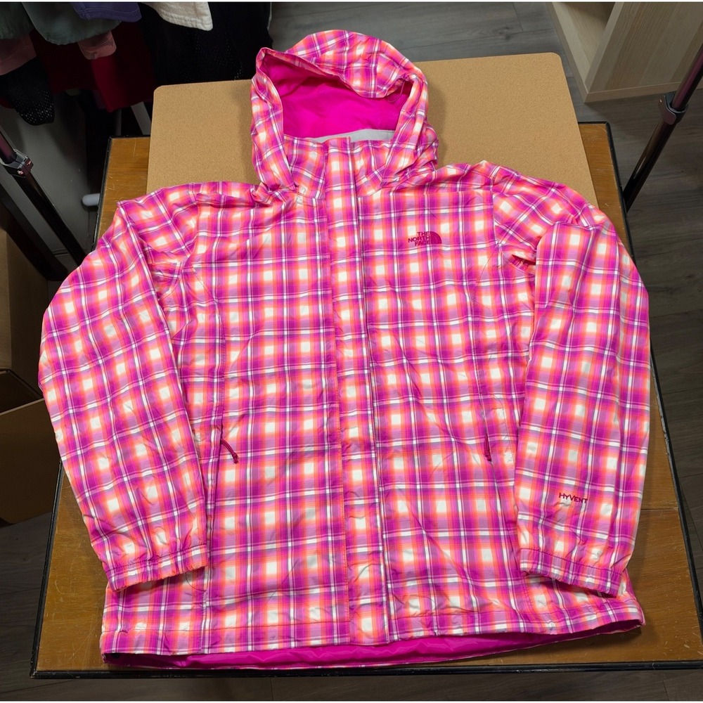 The North Face Rain Jacket Women XL Pink Plaid Excellent HyVent Waterproof